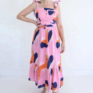 Ciebon Roma Pink &  Navy Abstract Splash Apron Ruffle Cotton Midi Dress S